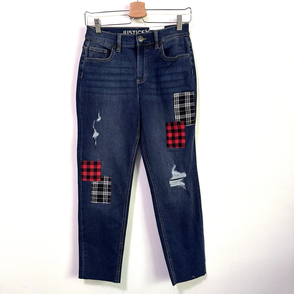 Justice‎ Mini Mom Jean Girls 16 Patchwork Raw Hem Crop 27x25 Stretch Casual NEW